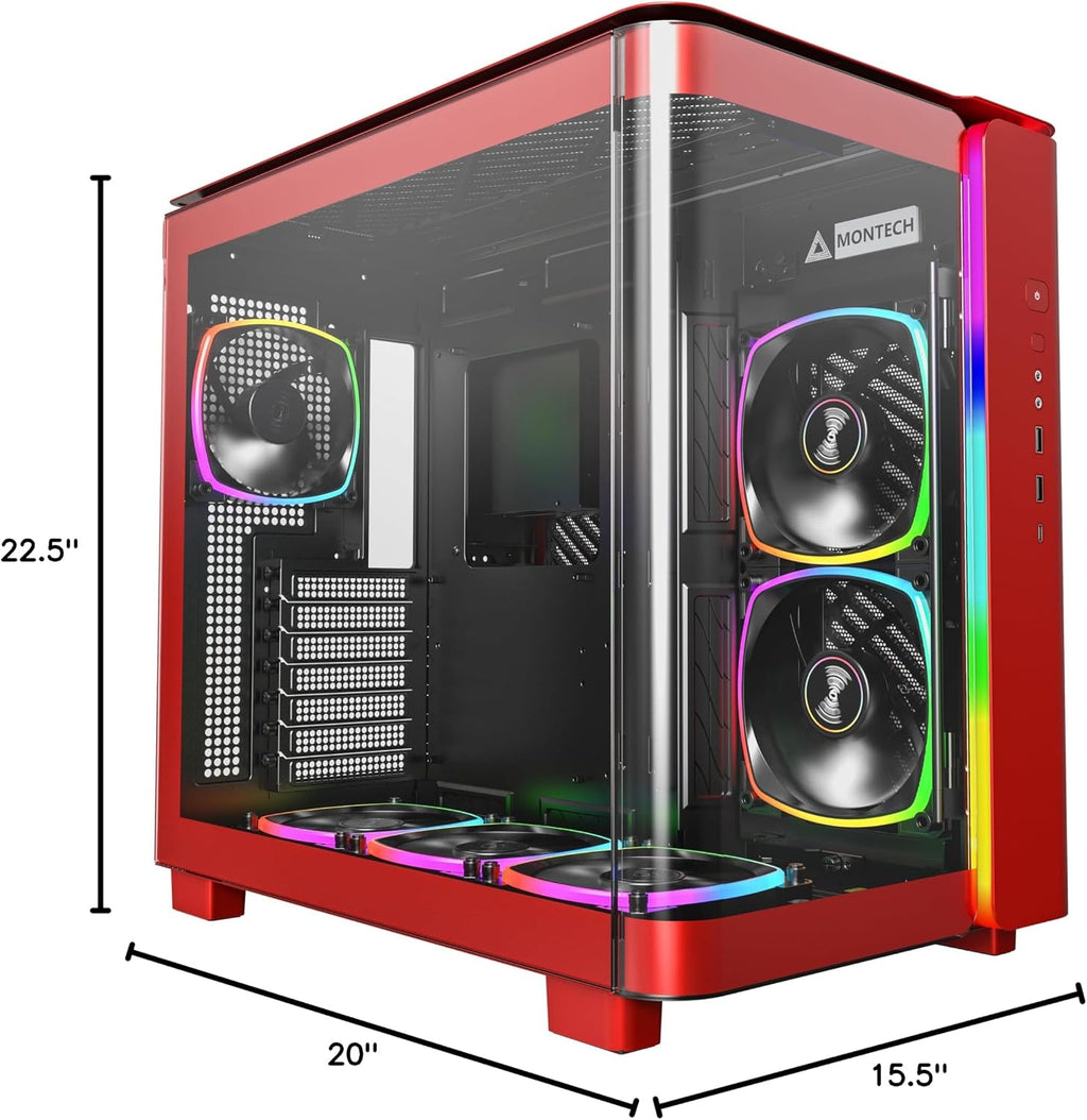 Montech, King 95 Dual-Chamber ATX Mid-Tower PC Gaming Case, High-Airflow, Toolless Panels, Sturdy Curved Tempered Glass Front and Side Panel, ARGB Lighting, Red
