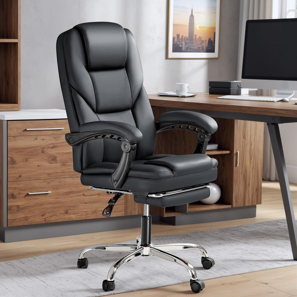 Furmax Massage Office Chair with Foot Rest Executive Big and Tall Office Chair Ergonomic Home Office Desk Chairs, Reclining High Back Leather Chair with Lumbar Support, 400LBS (Black)