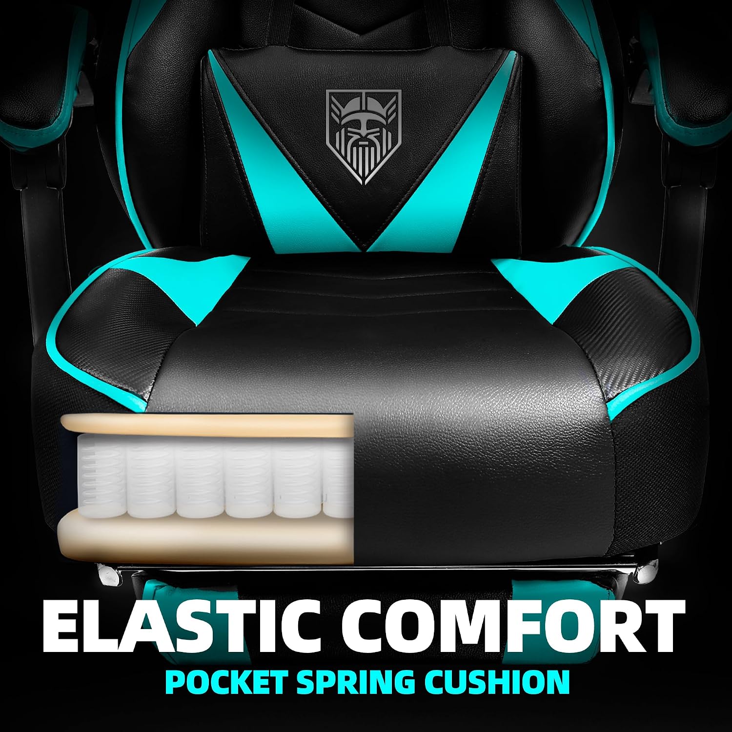 Vonesse Gaming Chair, High Back Gaming Chair with Footrest and Massage, Gaming Chairs for Adults with Pocket Spring Cushion, Big and Tall Reclining Computer Chair with Lumbar Support (Cyan/Black)