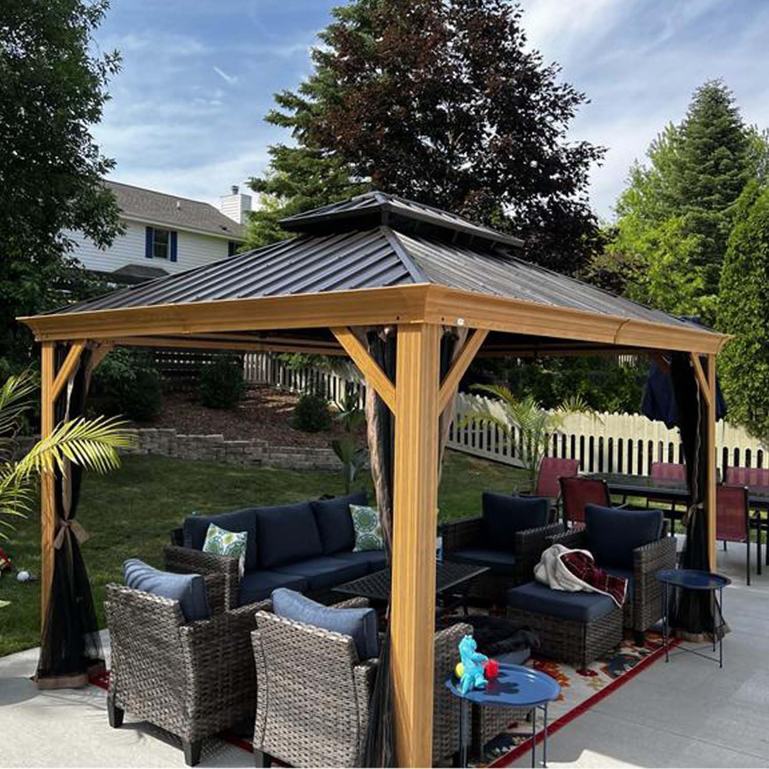 Domi 12' x 14' Hardtop Gazebo Permanent Aluminum Gazebo with Wood-Looking Frame, Galvanized Steel Double Roof, Curtains and Netting for Patio, Lawn, and Garden