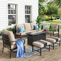 MFSTUDIO 6 Pieces Patio Furniture Sets with 45' Gas Fire Pit Table(Up to 7 Seat),Outdoor Metal Conversation Sofas with 1 x 3-Seat Sofa, 2 Sofa Chairs and 2 Ottoman,Beige Cushion