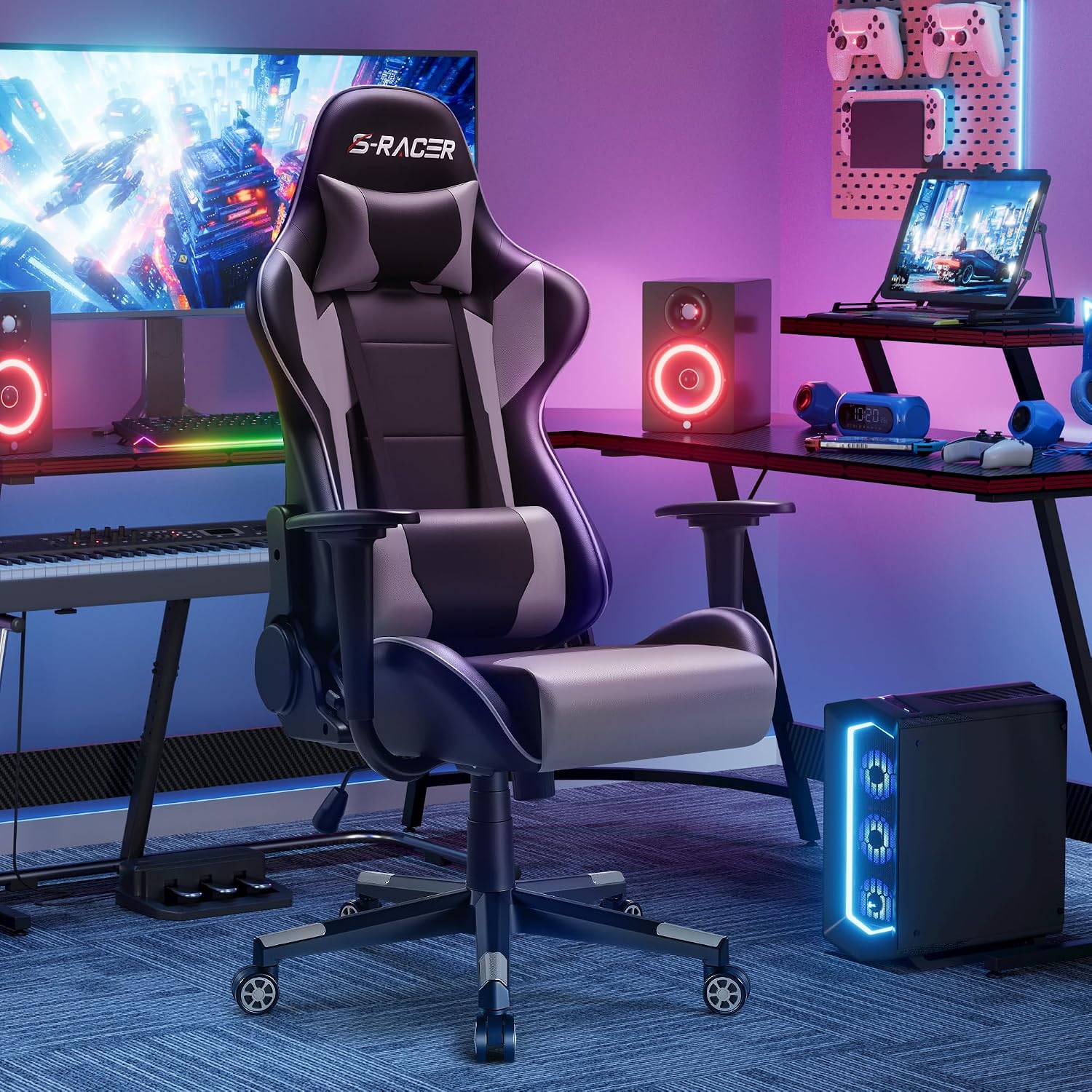 Furniwell Gaming Chair Racing Computer Chair Office Desk Chair Adjustable Swivel High Back Carbon Fiber Style Leather Executive Ergonomic Chair with Headrest and Lumbar Support (Grey)