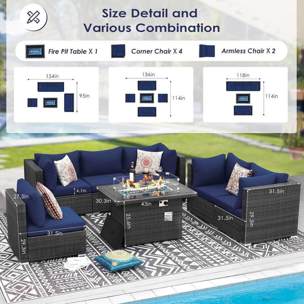 RADIATA 7 Piece Wicker Patio Furniture Set with Fire Pit, All-Weather Outdoor Sectional Couch High Back Large Size, Modular Backyard Seating Sofa Set with Propane/Natural Gas Firepit Table, Grey&Blue