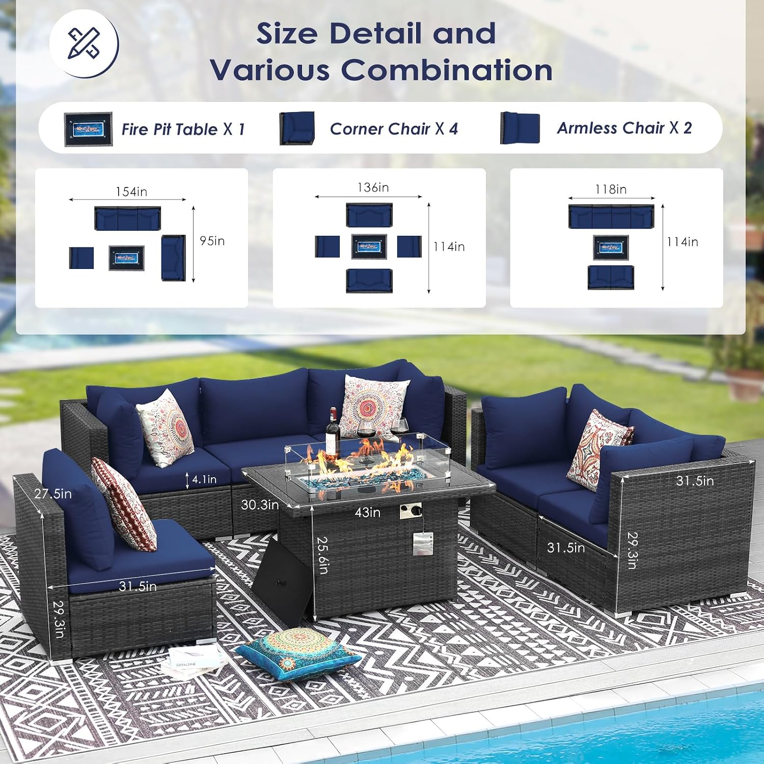 RADIATA 7 Piece Wicker Patio Furniture Set with Fire Pit, All-Weather Outdoor Sectional Couch High Back Large Size, Modular Backyard Seating Sofa Set with Propane/Natural Gas Firepit Table, Grey&Blue
