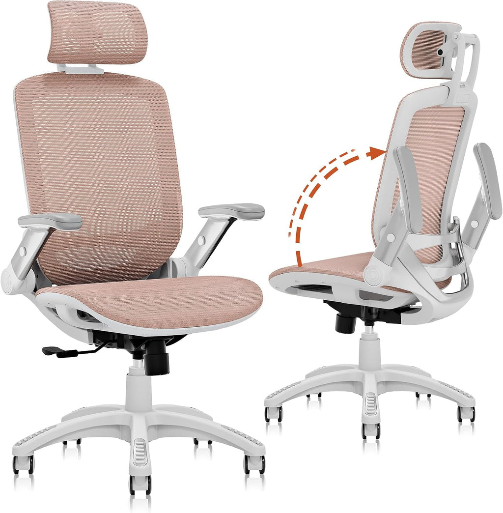 GABRYLLY Ergonomic Office Chair, High Back Home Desk Chair with Headrest, Flip-Up Arms, 90-120° Tilt Lock and Wide Cushion, 300LBS Mesh Chairs for Man Woman, White Task Chair(Pink,GY01WPK)