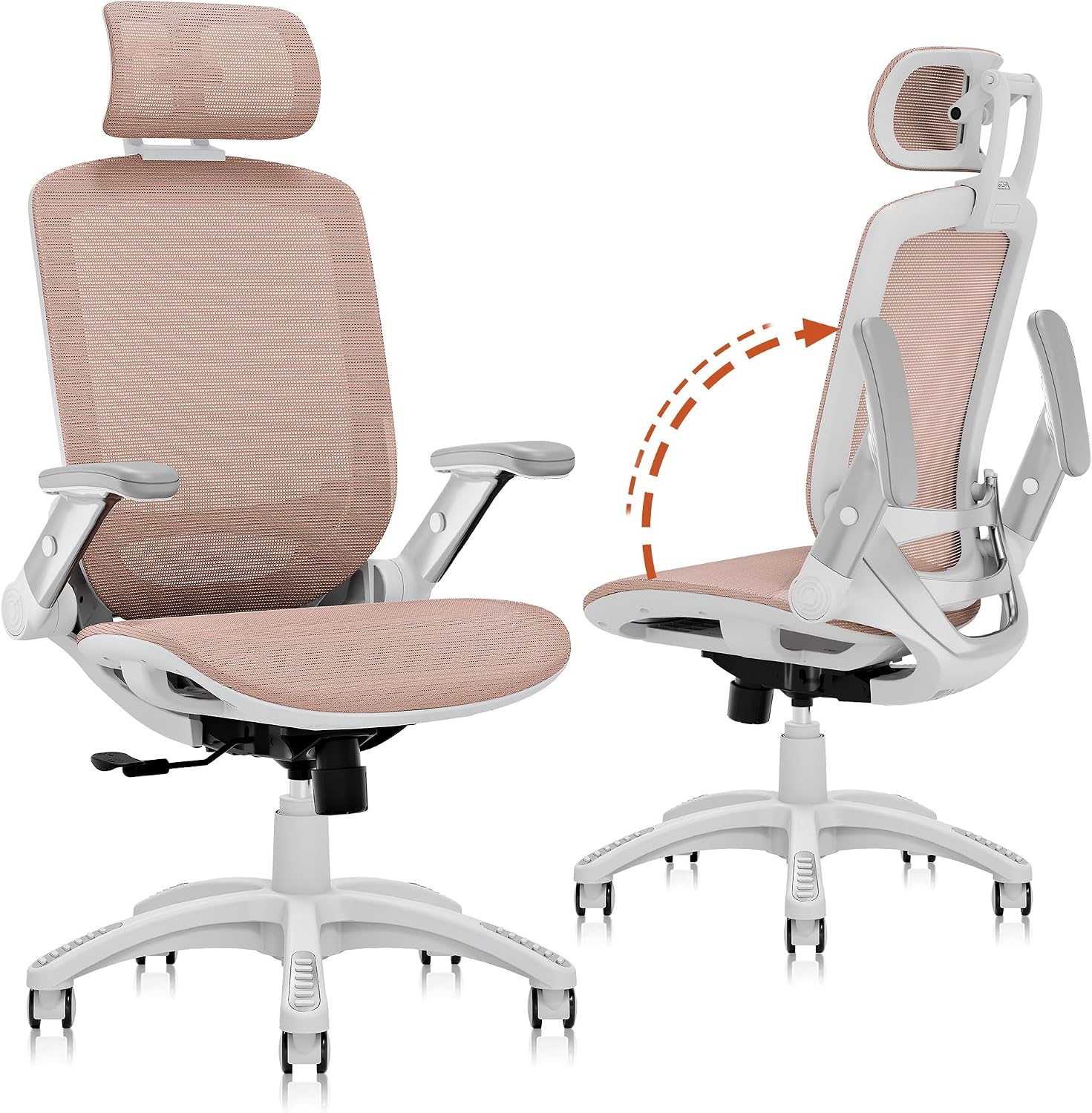 GABRYLLY Ergonomic Office Chair, High Back Home Desk Chair with Headrest, Flip-Up Arms, 90-120° Tilt Lock and Wide Cushion, 300LBS Mesh Chairs for Man Woman, White Task Chair(Pink,GY01WPK)