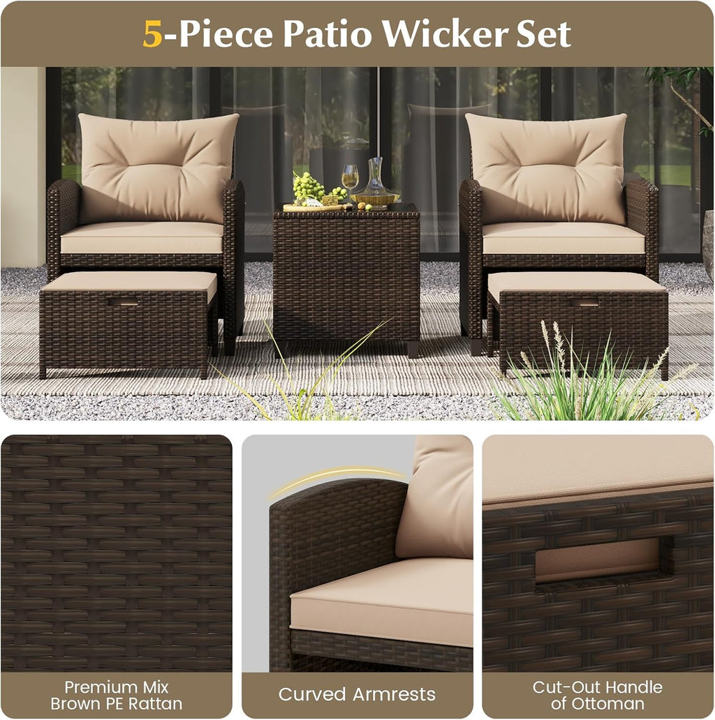 KOTEK 5 Pieces Patio Furniture Set with Ottomans, Wicker Patio Conversation Set with Coffee Table & Cushions, PE Rattan Outdoor Lounge Chairs for Backyard, Porch, Poolside (Mix Brown- Beige)