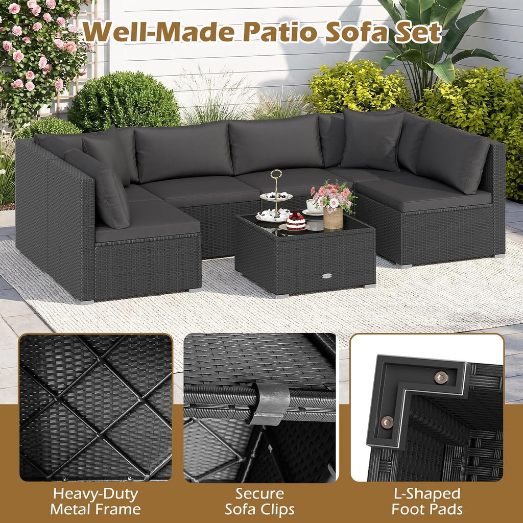 Tangkula 7 Pieces Wicker Patio Furniture Set, Outdoor Sectional Rattan Sofa Set for 6 with Seat & Back Cushions, Pillows, Coffee Table, Modular Conversation Set for Backyard, Poolside, Deck & Garden