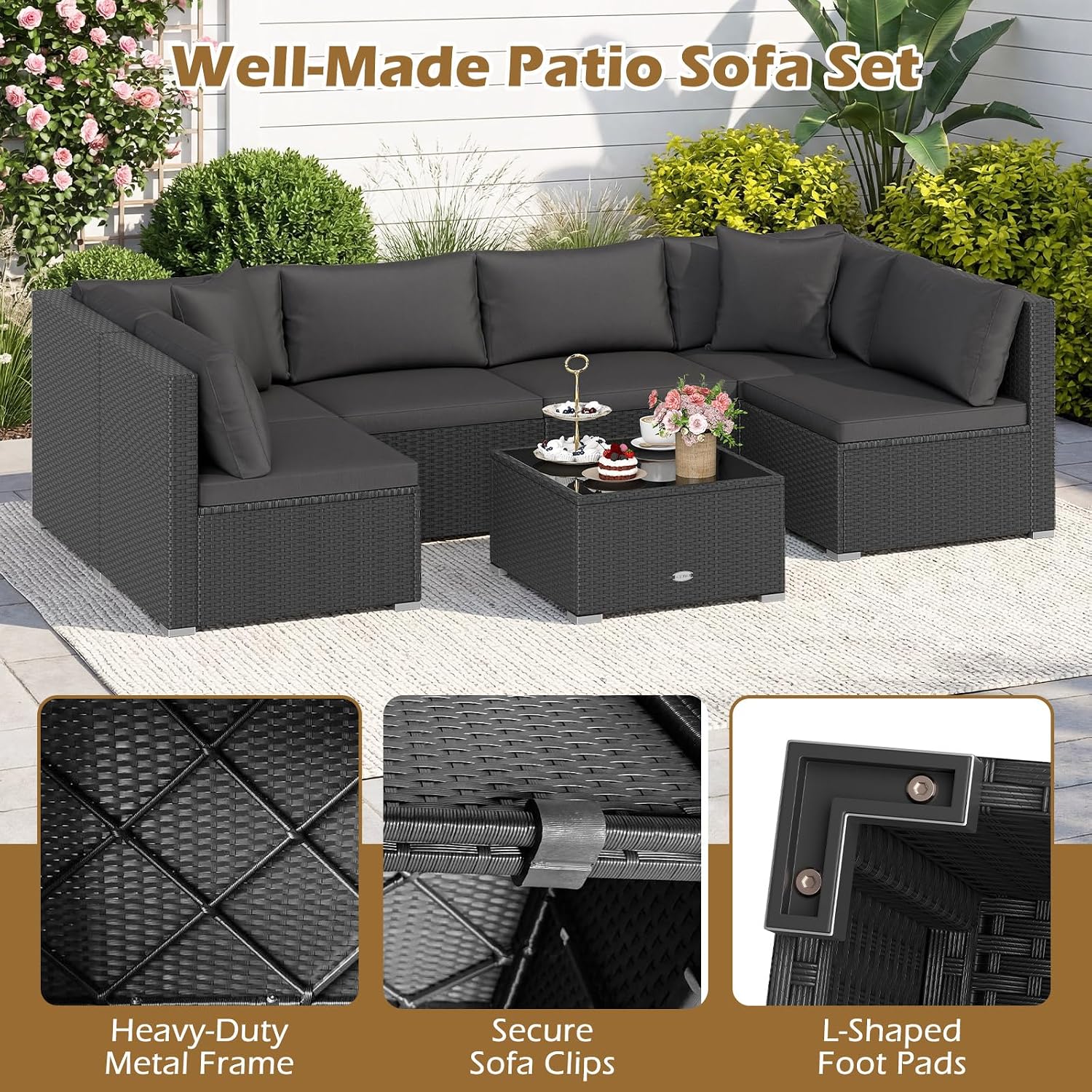 Tangkula 7 Pieces Wicker Patio Furniture Set, Outdoor Sectional Rattan Sofa Set for 6 with Seat & Back Cushions, Pillows, Coffee Table, Modular Conversation Set for Backyard, Poolside, Deck & Garden