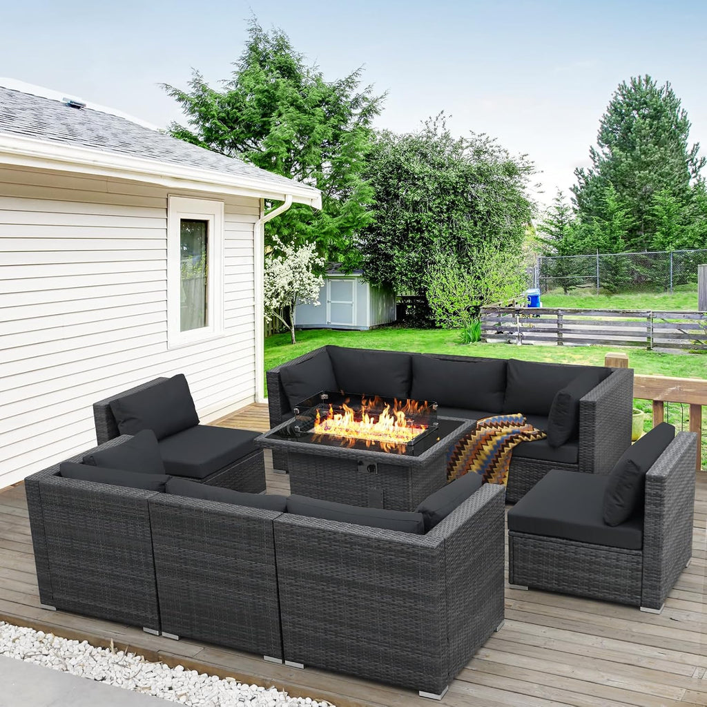 BULEXYARD 9 Piece High Back Outdoor Sectional Seating with Fire Pit Table, Heavy Duty Sturdy Wicker Patio Set Conversation Couch Sofa, Extra Wide Deep Large 8-Person Deck Furniture Set, Grey & Black