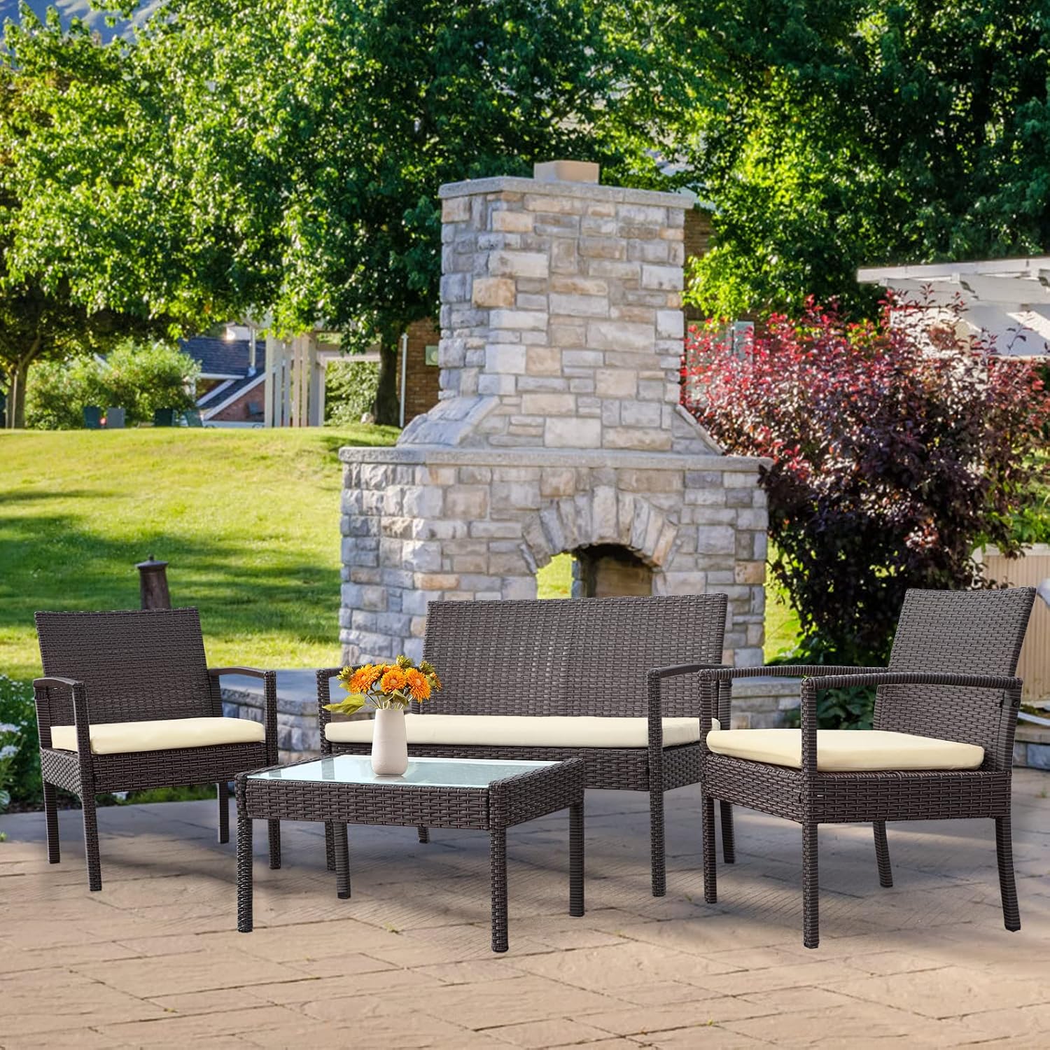 4 Piece Outdoor Patio Furniture Set, Rattan Patio Conversation Set with Table,Modern Wicker Chairs and Table Sets,Outdoor Furniture for Porch, Garden, Lawn,Beige