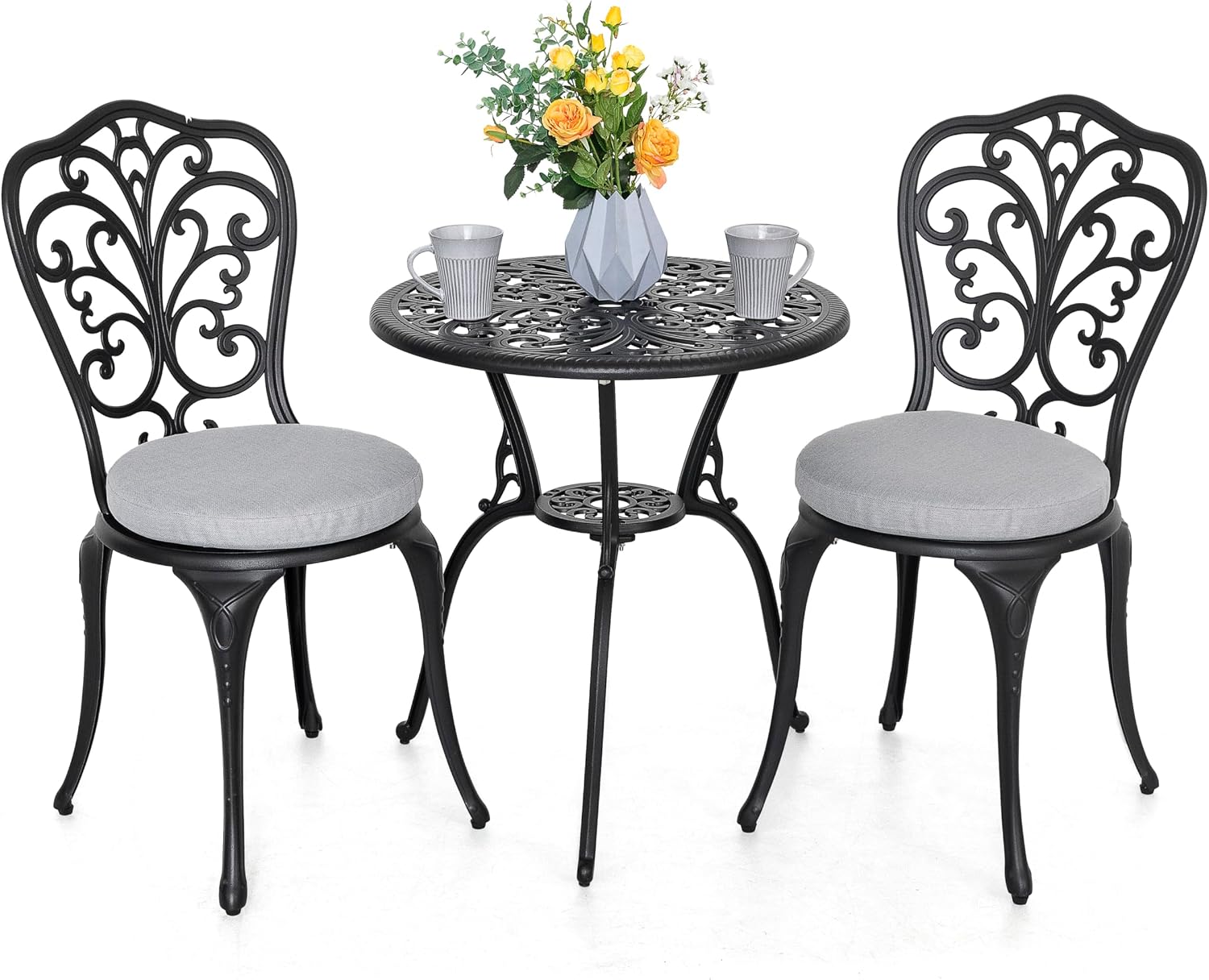 NUU GARDEN 3 Piece Outdoor Bistro Table Set, All Weather Cast Aluminum Patio Bistro Sets Patio Table and Chairs Set of 2 with Umbrella Hole for Yard, Garden, Balcony, Black