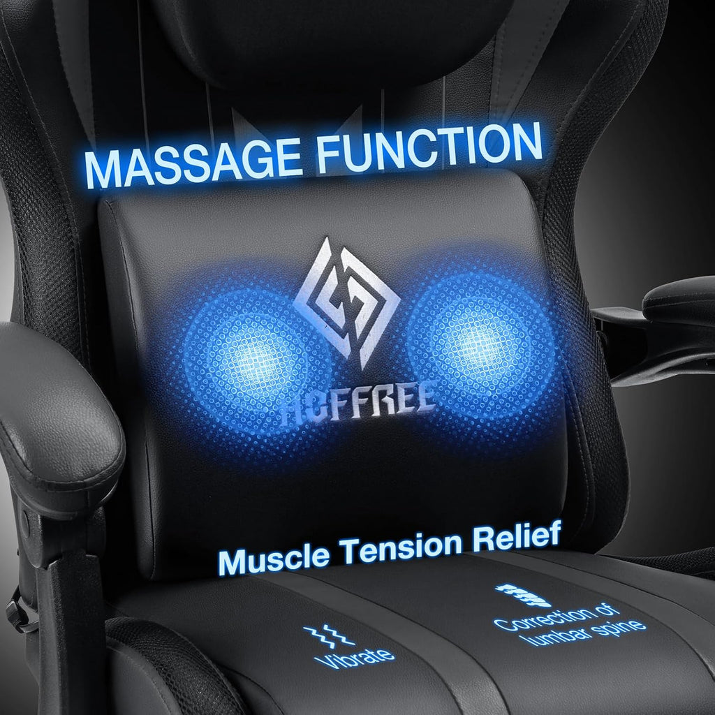HOFFREE Gaming Chair with Music Rhythm RGB LED Lights and Bluetooth Speakers Ergonomic Massage Computer Gaming Chair with Footrest Video Game Chair High Back with Lumbar Support Grey and Black