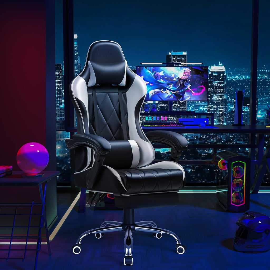 Shahoo Gaming Chair with Footrest and Massage Lumbar Support, Computer Game Chairs Ergonomic Office Seat Height Adjustable with Headrest, White