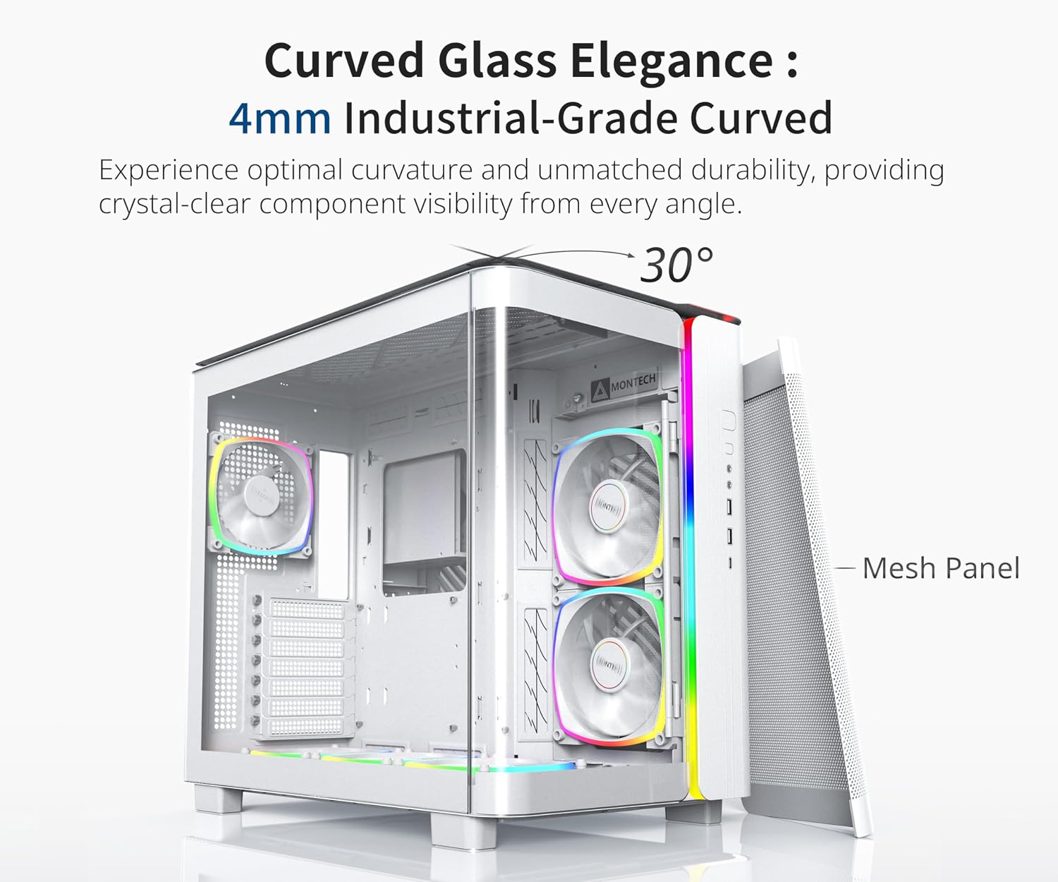 MONTECH King 95 PRO Dual-Chamber ATX Mid-Tower PC Gaming Case, High-Airflow, Toolless Panels, Sturdy Curved Tempered Glass Front, 6 ARGB PWM Fan Pre-Installed with Fan Hub, White