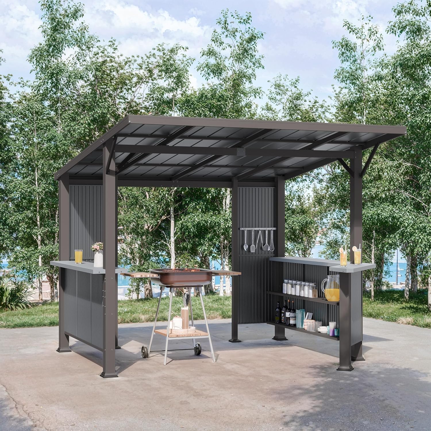 Kullavik 10' x 10' Hardtop Grill Gazebo Canopy, Outdoor Galvanized Steel BBQ Lean to Gazebo with 2 Side Shelves for Barbecue and Picnic, Metal Grill Tent for Patios, Gardens, Lawns