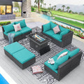 BULEXYARD 9 Pcs Highback Patio Furniture Set with Firepit, High-End Outdoor Sectional Couch with Ottoman 8-Seats, Cozy Comfy Wide Deep Deck Seating Group Conversation, Grey Rattan & Turquoise Cushion