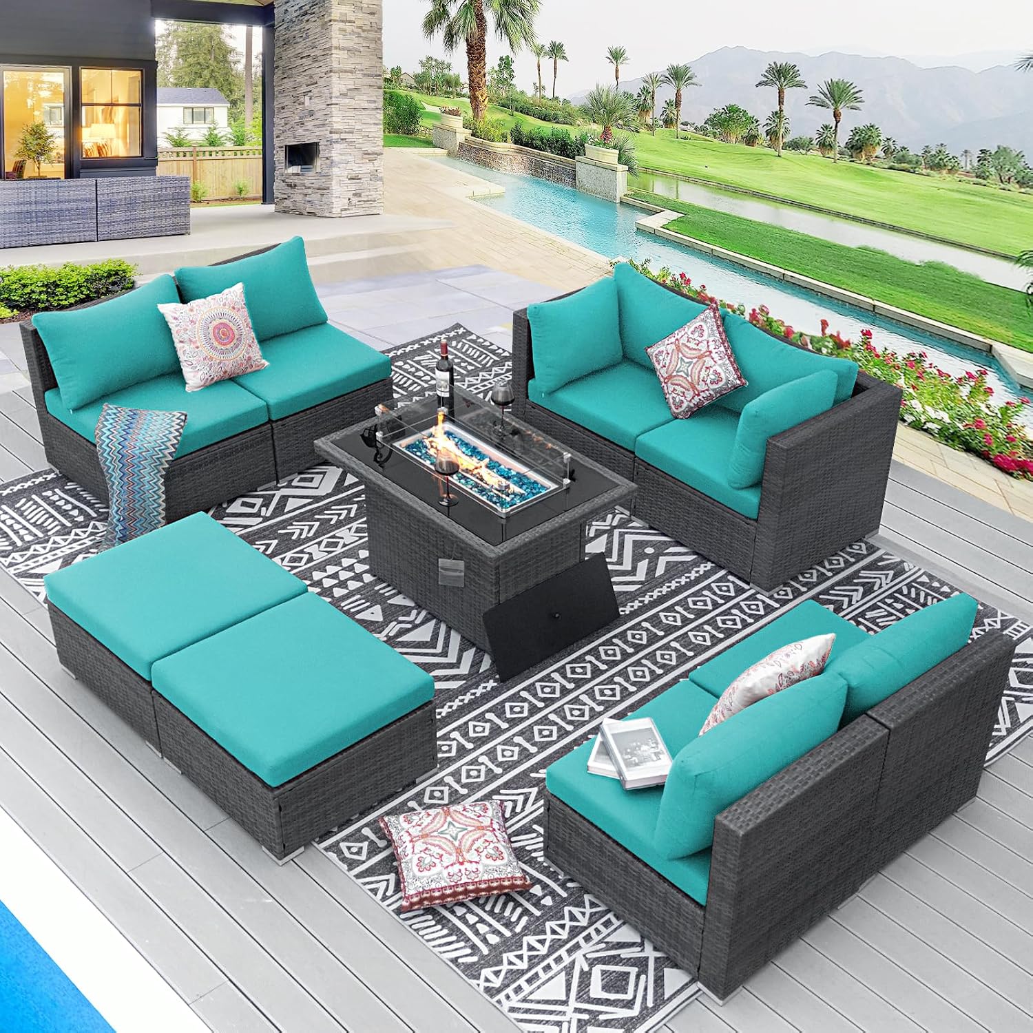 BULEXYARD 9 Pcs Highback Patio Furniture Set with Firepit, High-End Outdoor Sectional Couch with Ottoman 8-Seats, Cozy Comfy Wide Deep Deck Seating Group Conversation, Grey Rattan & Turquoise Cushion