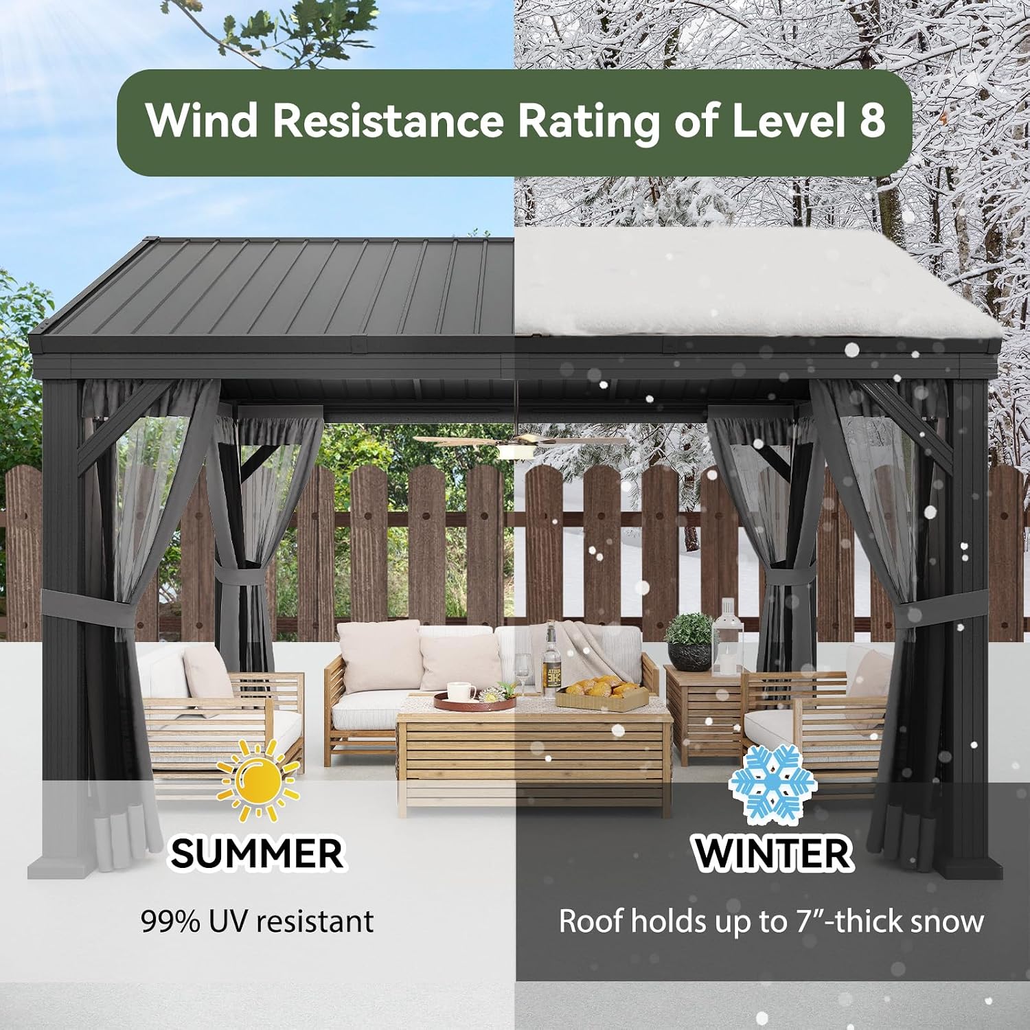Aoxun 10' X 12' Hardtop Gazebo, Aluminum Outdoor Gazebo with Galvanized Steel Gable Roof Canopy, Patio Permanent Metal Pavilion with Netting, for Garden, Backyard, Deck, Square Foundation