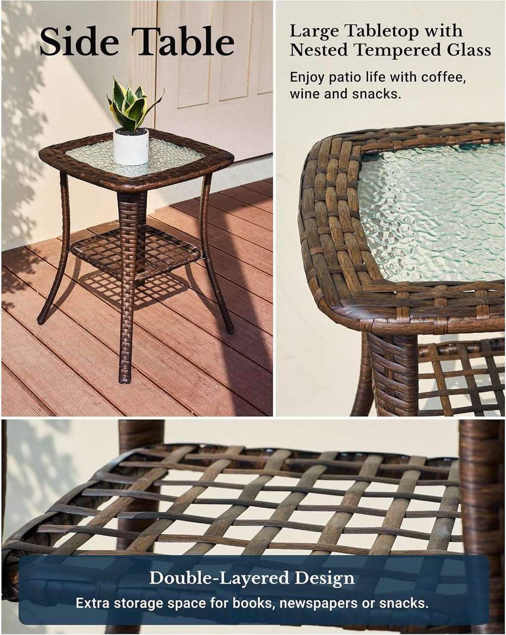 HILLGA Luxury Outdoor Swivel Rocker Patio Chairs of 2 with 6 Inch Thick Cushions and Side Table, Swivel Outdoor Chairs 3PCS High Back Wicker Patio Furniture Set for Porch, Balcony, Deck in Blue