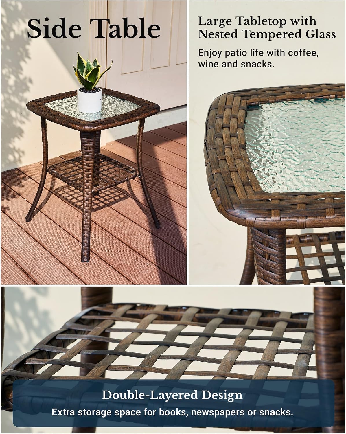 HILLGA Luxury Outdoor Swivel Rocker Patio Chairs of 2 with 6 Inch Thick Cushions and Side Table, Swivel Outdoor Chairs 3PCS High Back Wicker Patio Furniture Set for Porch, Balcony, Deck in Blue