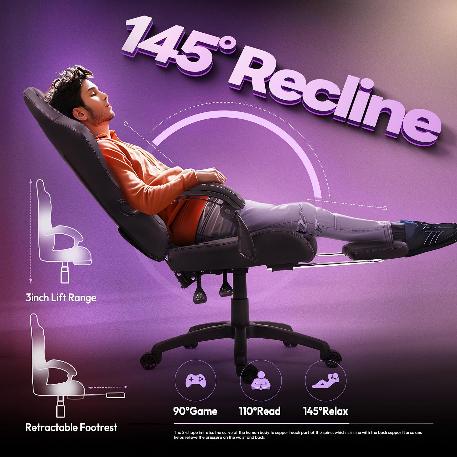 Dowinx Gaming Chair with Massage Lumbar Support and Footrest, Gaming Chairs for Adults, Ergonomic Computer Chair High Back with Pocket Spring Cushion, Swivel Recliner with Headrest, Purple