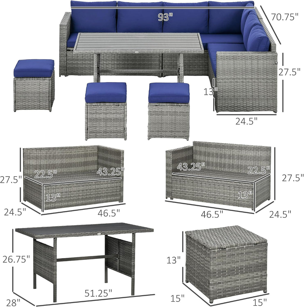 Outsunny Wicker Outdoor Patio Furniture Set, L-Shaped 7 Piece Outdoor Dining Sectional Sofa with Dining Table and Chair, Storage Loveseat, Ottomans and Cushions, Dark Blue