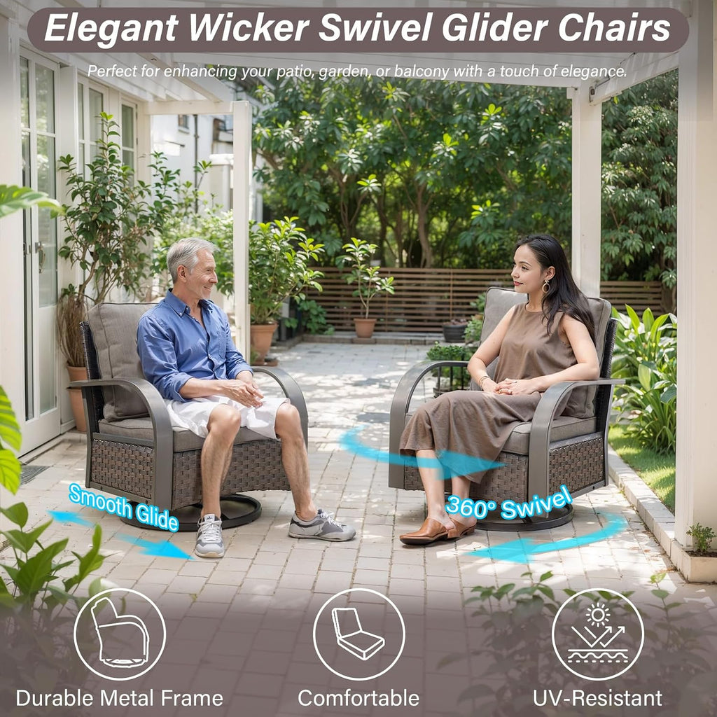 Belord Outdoor Swivel Rocker Patio Chairs Set of 2, 3 Piece Wicker Patio Bistro Set with Metals Side Table and Comfort High Back 4' Cushion Outdoor Patio Glider Chair for Balcony Deck Porch