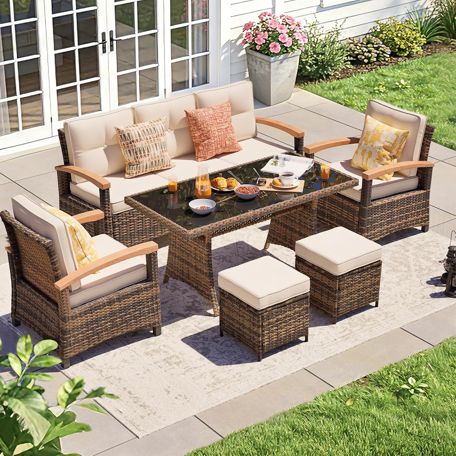 MEISSALIVVE 6 Pieces Patio Furniture Sets, PE Wicker Outdoor Conversation Sets with 2 Wood Armrests Single Chairs, 2 Ottomans and Dining Table (Beige)