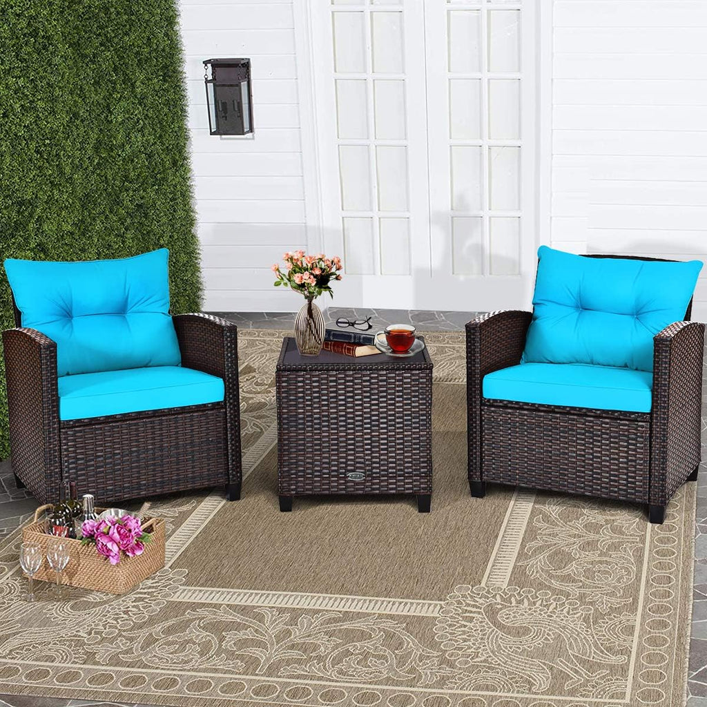 RELAX4LIFE 3 Piece Patio Furniture Set, Wicker Bistro Conversation Set w/ 2 Cushioned Armchairs & Glass Topped Table, Outdoor Rattan Sofa for Porch Balcony Poolside (Turquoise)
