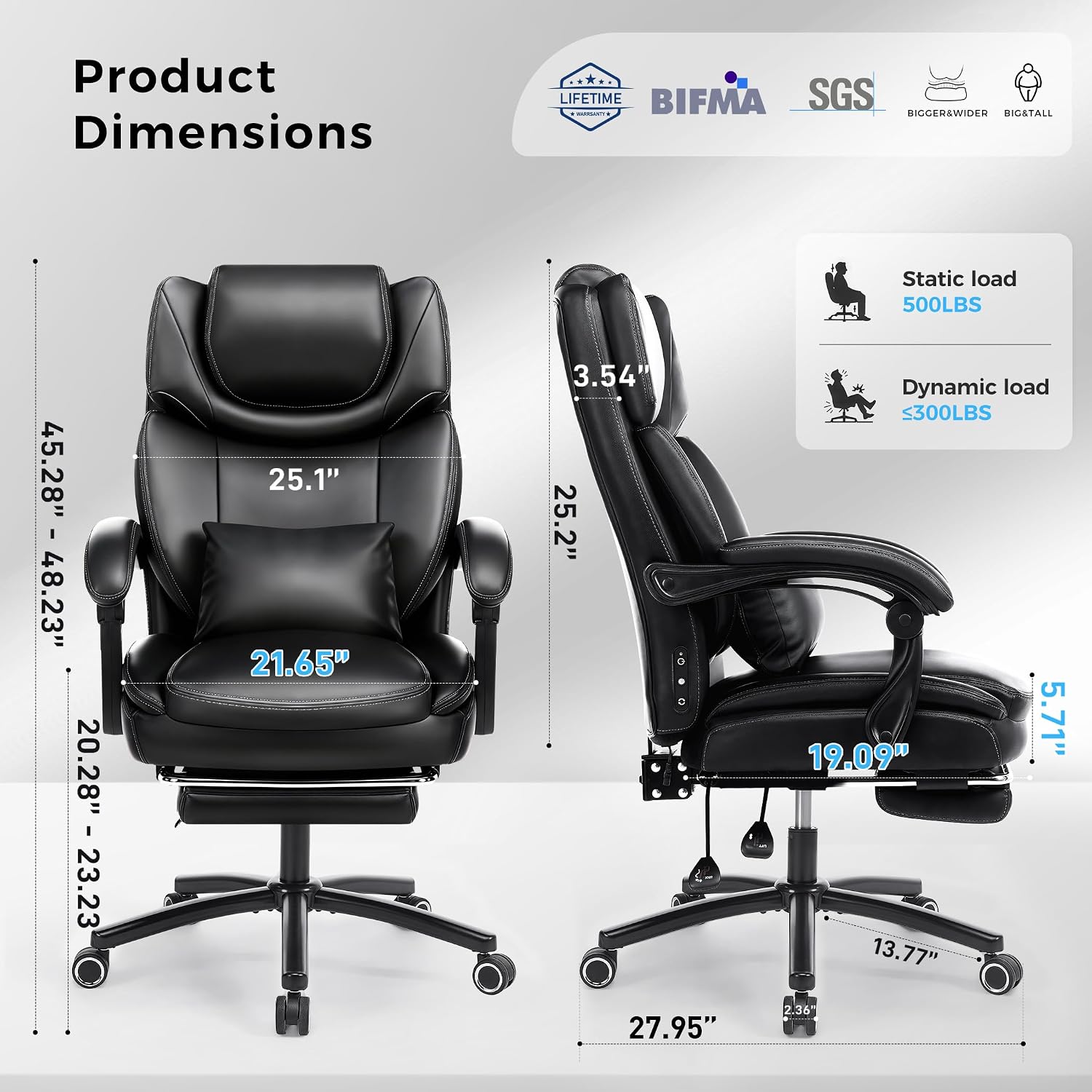 500lbs 3D Kneading Massage Office Chair with FootRest, Big and Tall Ergonomic Reclining Computer Gaming Chair, Padded Linkage Armrests, Heavy Duty Metal Base Executive Office Chair