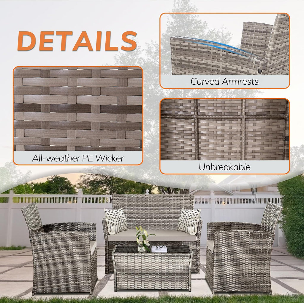4 Piece Patio Furniture Set, Outdoor Wicker Conversation Sets, Rattan Sectional Sofa Couch with Coffee Table & Seat Cushions for Outside Backyard Porch Garden Poolside Balcony, Gray/Gray