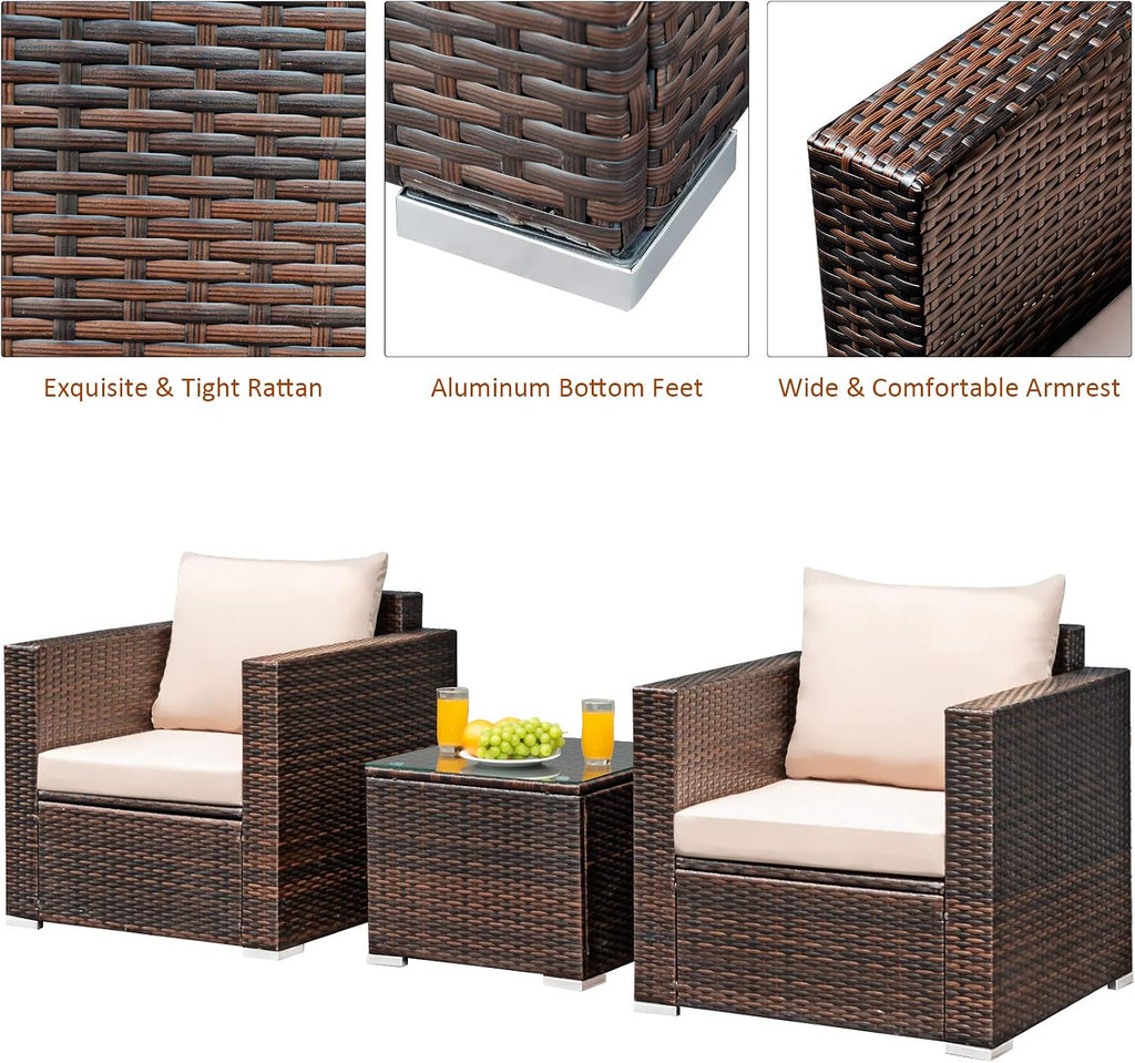 Tangkula 3 Pieces Patio Furniture Set, Outdoor Conversation Rattan Furniture Set w/Washable Cushion and Tempered Glass Tabletop, PE Rattan Wicker Sofa Set for Garden Poolside Balcony