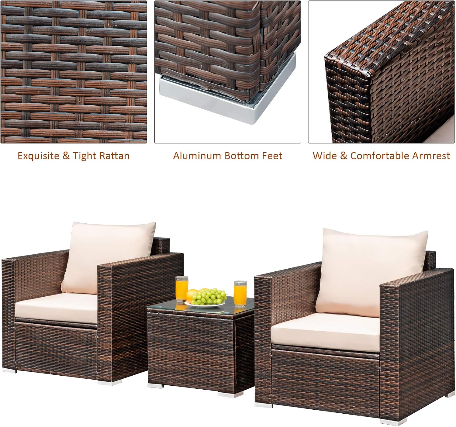 Tangkula 3 Pieces Patio Furniture Set, Outdoor Conversation Rattan Furniture Set w/Washable Cushion and Tempered Glass Tabletop, PE Rattan Wicker Sofa Set for Garden Poolside Balcony