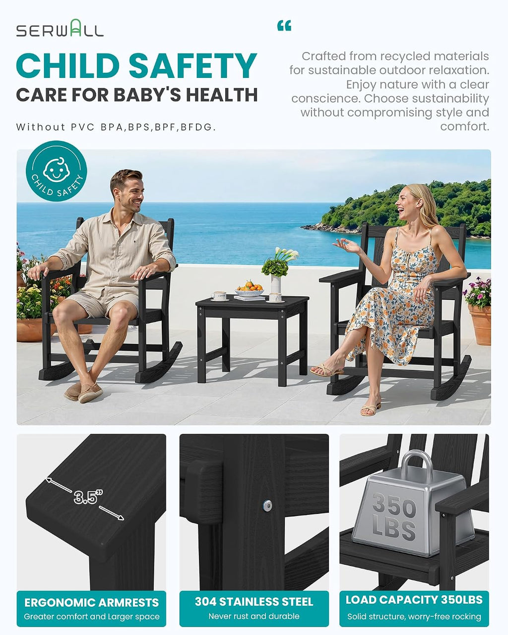 SERWALL Outdoor Rocking Chair Set of 2 with Side Table, All-Weather HDPE 3 Piece Patio Furniture Set, Outdoor Bistro Set with Pre-Drilled Umbrella Hole for Porch Deck Lawn Balcony, Black