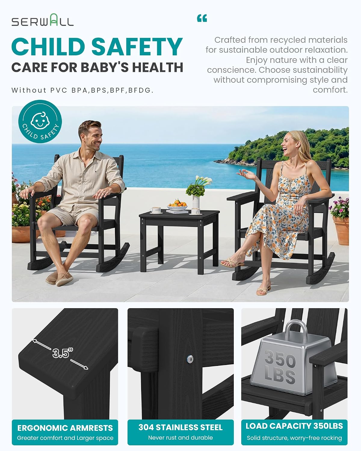 SERWALL Outdoor Rocking Chair Set of 2 with Side Table, All-Weather HDPE 3 Piece Patio Furniture Set, Outdoor Bistro Set with Pre-Drilled Umbrella Hole for Porch Deck Lawn Balcony, Black