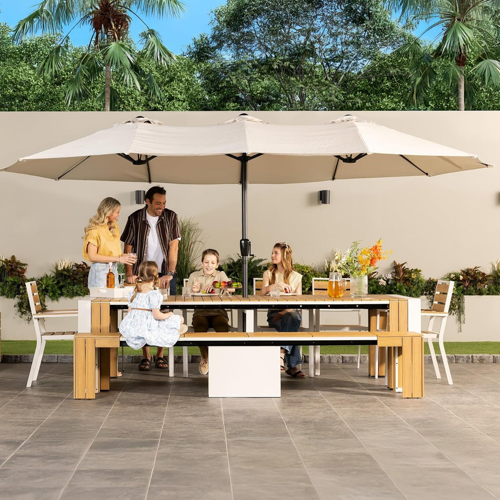 Transformer Table - Extendable Outdoor Dining Set up to 12, Expandable Patio Table, Weather-Resistant Patio Furniture, Light Oak, Natural (Table + Bench + 4 Chairs + Umbrella)