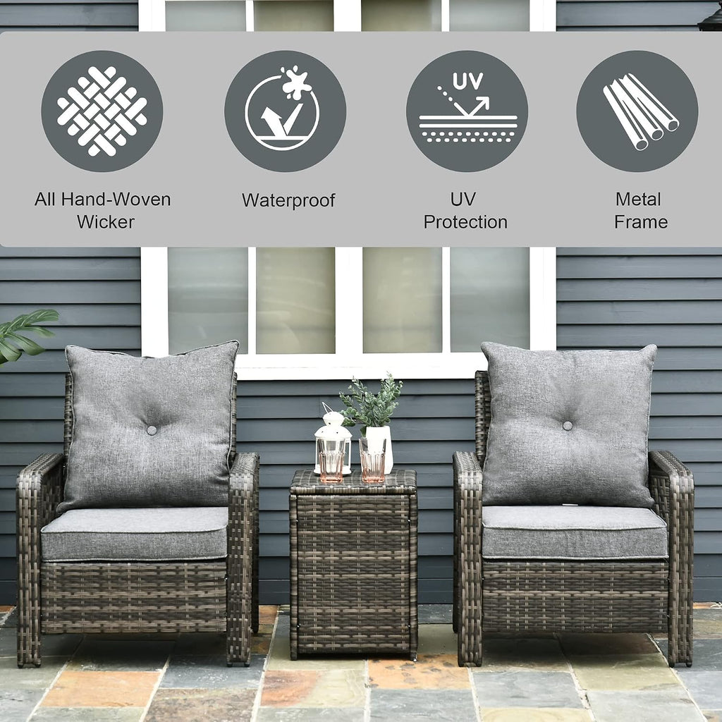 Outsunny 3 Piece Patio Furniture Set, PE Rattan Wicker Storage Table and Chairs w/Tufted Cushions for Outdoor Garden, Backyard, Poolside, Balcony, Gray