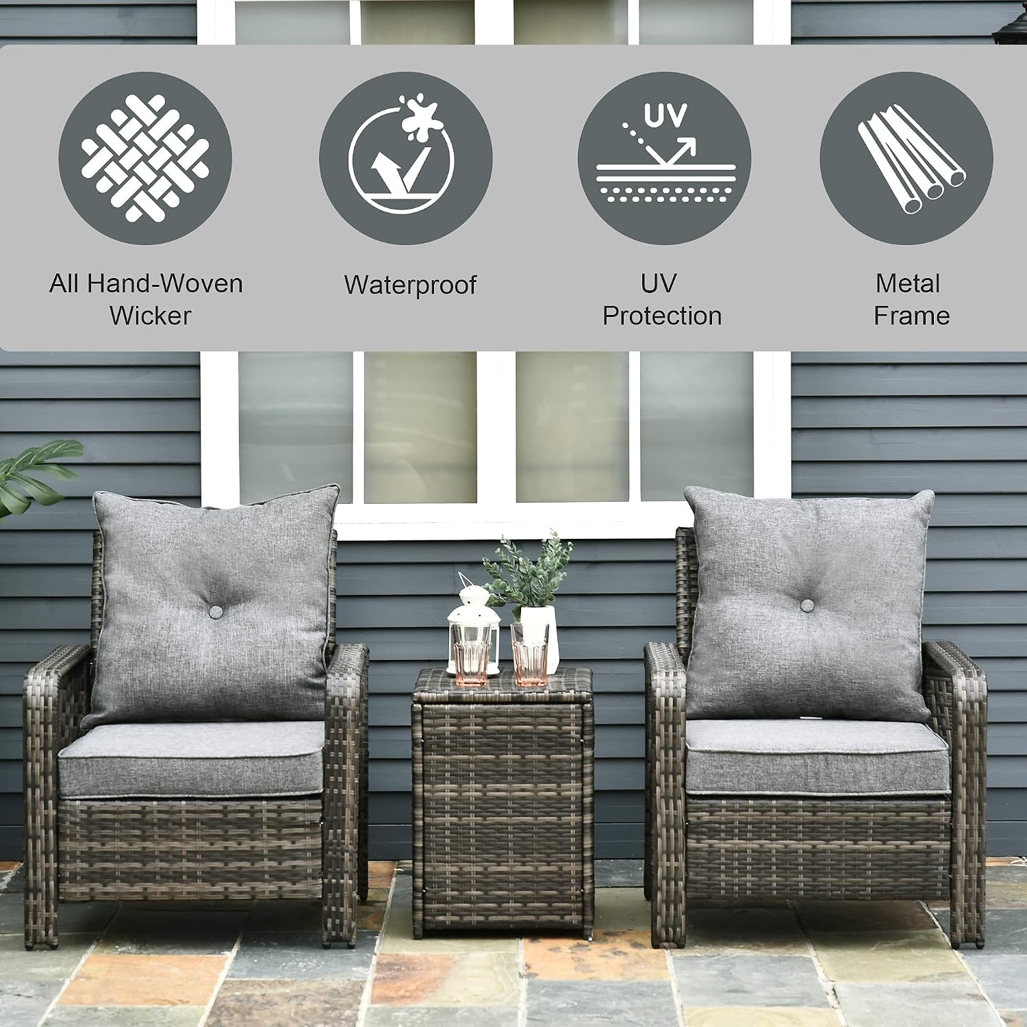 Outsunny 3 Piece Patio Furniture Set, PE Rattan Wicker Storage Table and Chairs w/Tufted Cushions for Outdoor Garden, Backyard, Poolside, Balcony, Gray