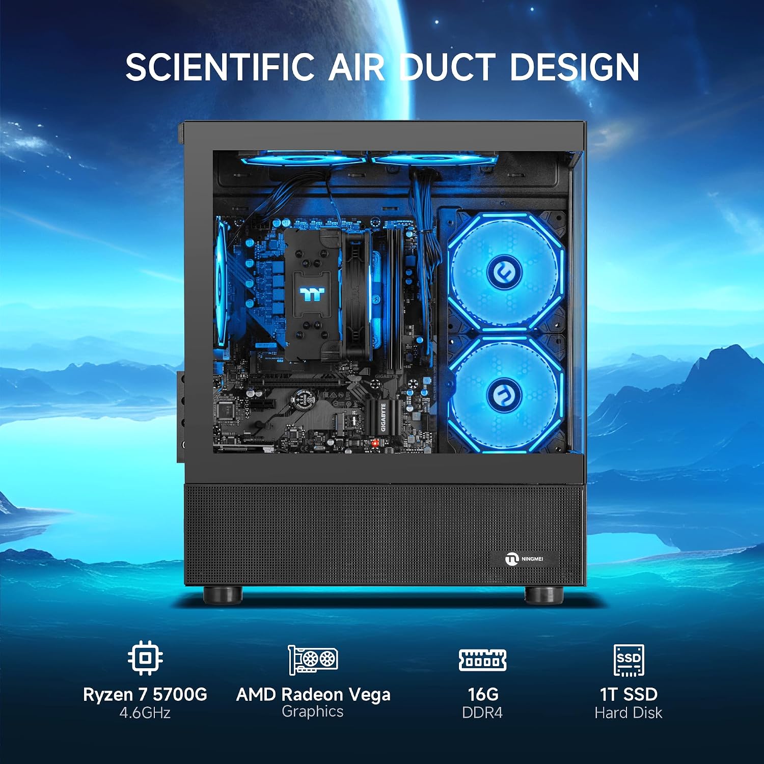 NINGMEI Desktop PC Computer AMD Ryzen 7 5700G 8 core 3.8GHz(up to 4.6GHz), 16GB DDR4 RAM 3200MHz,1TB NVME SSD,Tower Computer with 550W PSU, Windows 11 Home 64-bit for Home and Office.