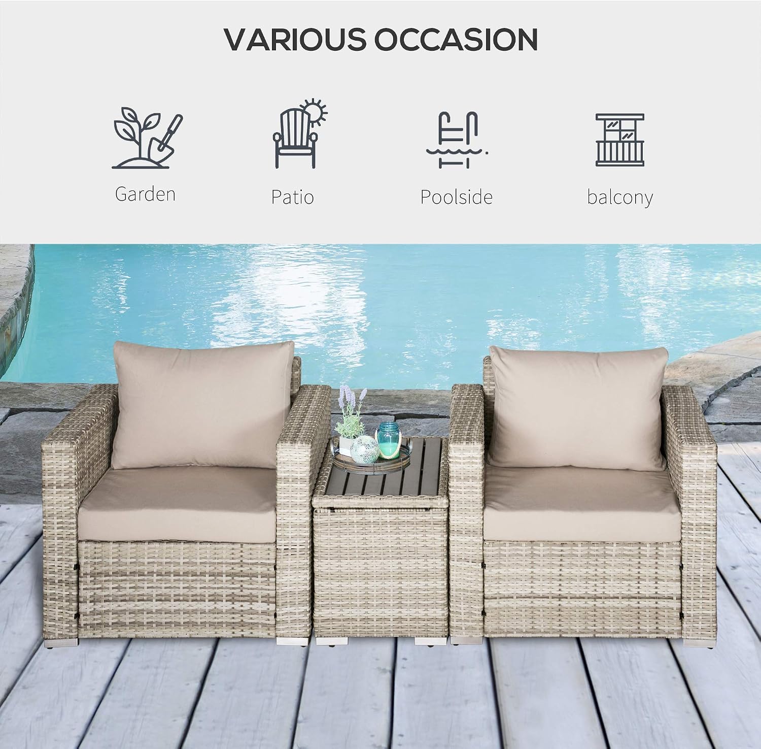 Outsunny 3 Piece Patio Furniture Set, PE Rattan Small Wicker Balcony Furniture, Table & Chairs with Cushions Composite Table, Conversation Set for Apartment, Gray