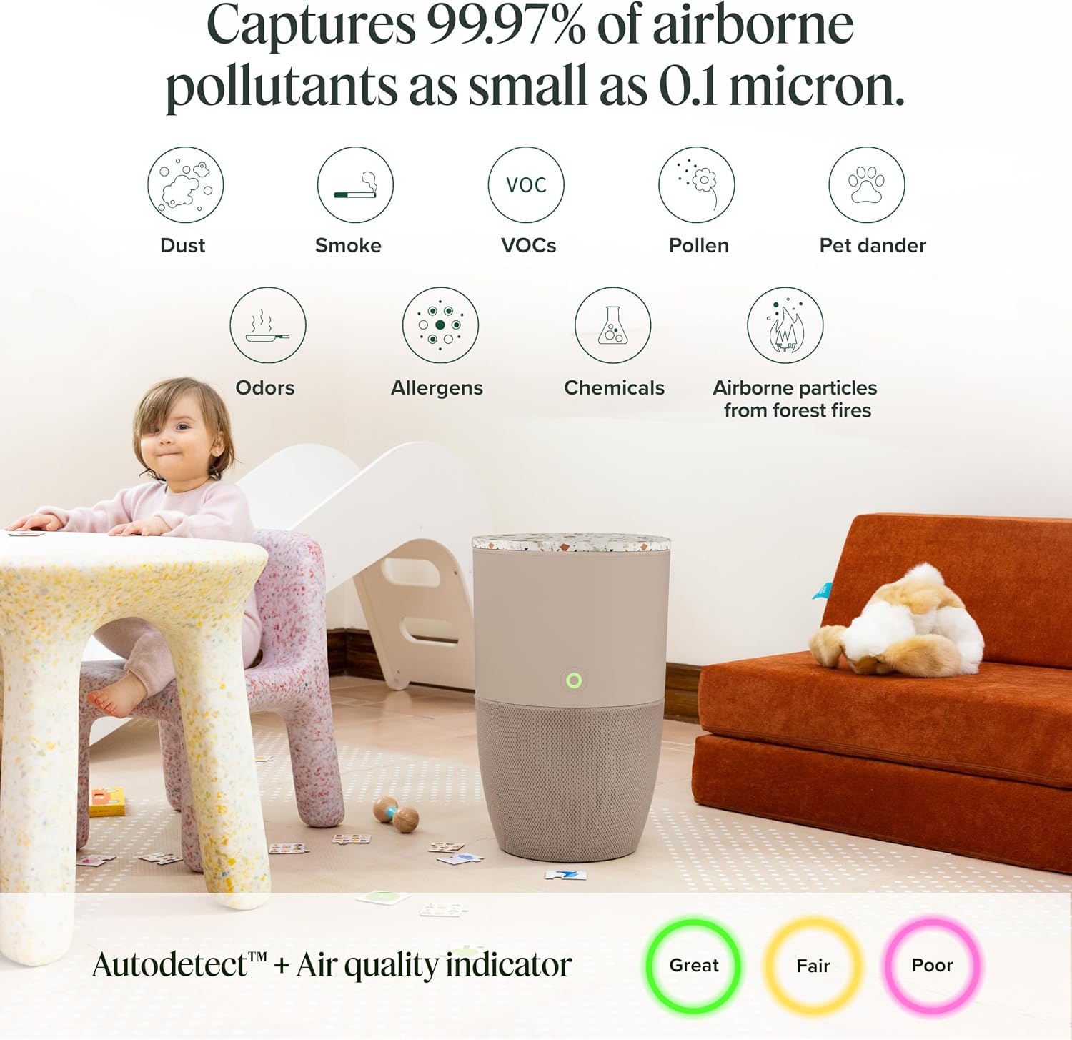 Dupray Bloom Air Purifier, HEPA-13 Filter, Ultra-Quiet 20 dB Sleep Mode, Activated Carbon for Odors, 360-Degree Airflow, Large Rooms up to 1,517 sq ft (Accent Table - Terrazzo, Latte)