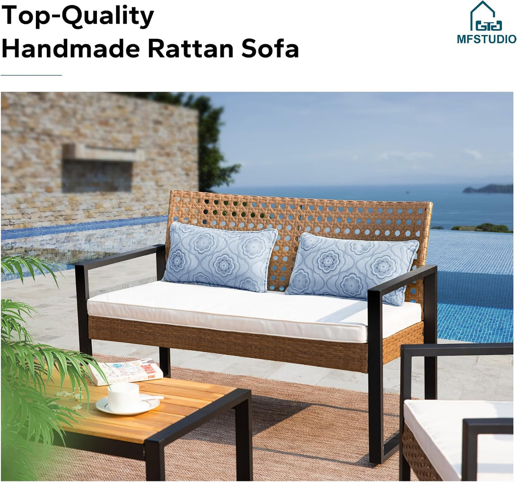 MFSTUDIO 4 Piece Wicker Patio Furniture Set, Small Patio Sofa with Loveseat & Chaise & Acacia Wood Table, Outdoor Sectional Couch with Wood Table, Beige