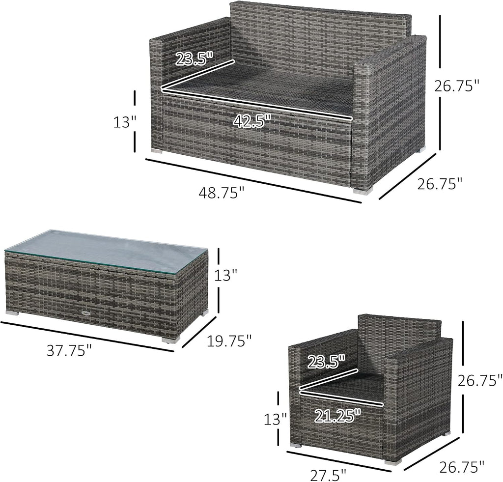 Outsunny 4 Piece Wicker Patio Furniture Set with Cushions, Outdoor Sectional Furniture with 2 Sofa, Loveseat, and Glass Top Coffee Table, Conversation Sofa Sets for Garden, Black