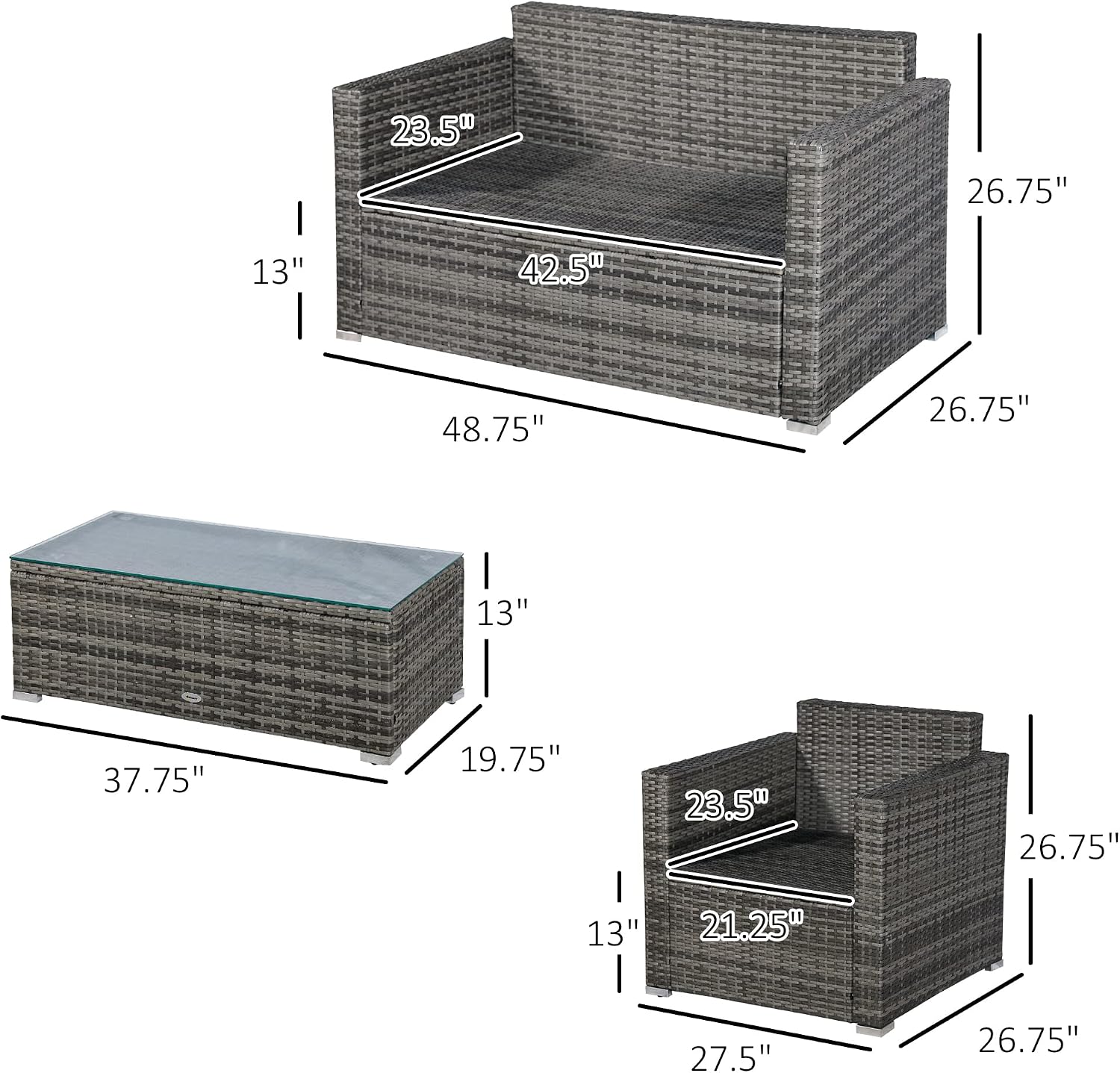 Outsunny 4 Piece Wicker Patio Furniture Set with Cushions, Outdoor Sectional Furniture with 2 Sofa, Loveseat, and Glass Top Coffee Table, Conversation Sofa Sets for Garden, Black