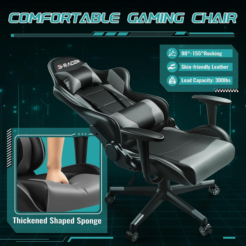 Furniwell Gaming Chair Racing Computer Chair Office Desk Chair Adjustable Swivel High Back Carbon Fiber Style Leather Executive Ergonomic Chair with Headrest and Lumbar Support (Grey)