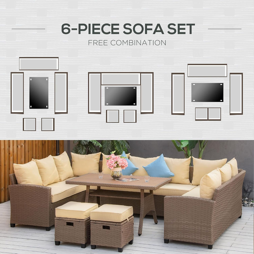Outsunny 6 Piece Patio Furniture Set, PE Wicker Outdoor Furniture Conversation Set with 3 Sofas, 2 Ottomans and Slatted WPC Top Dining Table, All Weather Sectional Sofa Couch with Pillows, Khaki