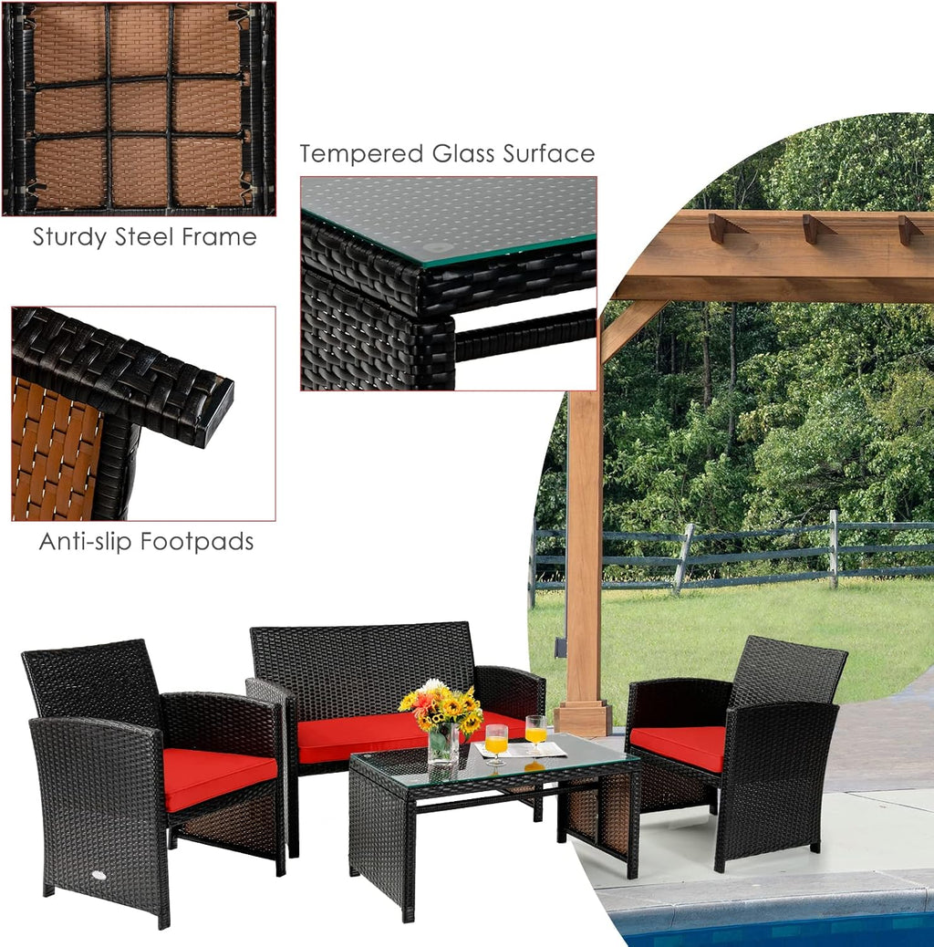 COSTWAY 4 Piece Patio Furniture Set, Outdoor PE Rattan Wicker Sectional Sofa with Cushion and Coffee Table, Patio Conversation Sets for Balcony Lawn Porch Patio Backyard Garden Poolside, Red