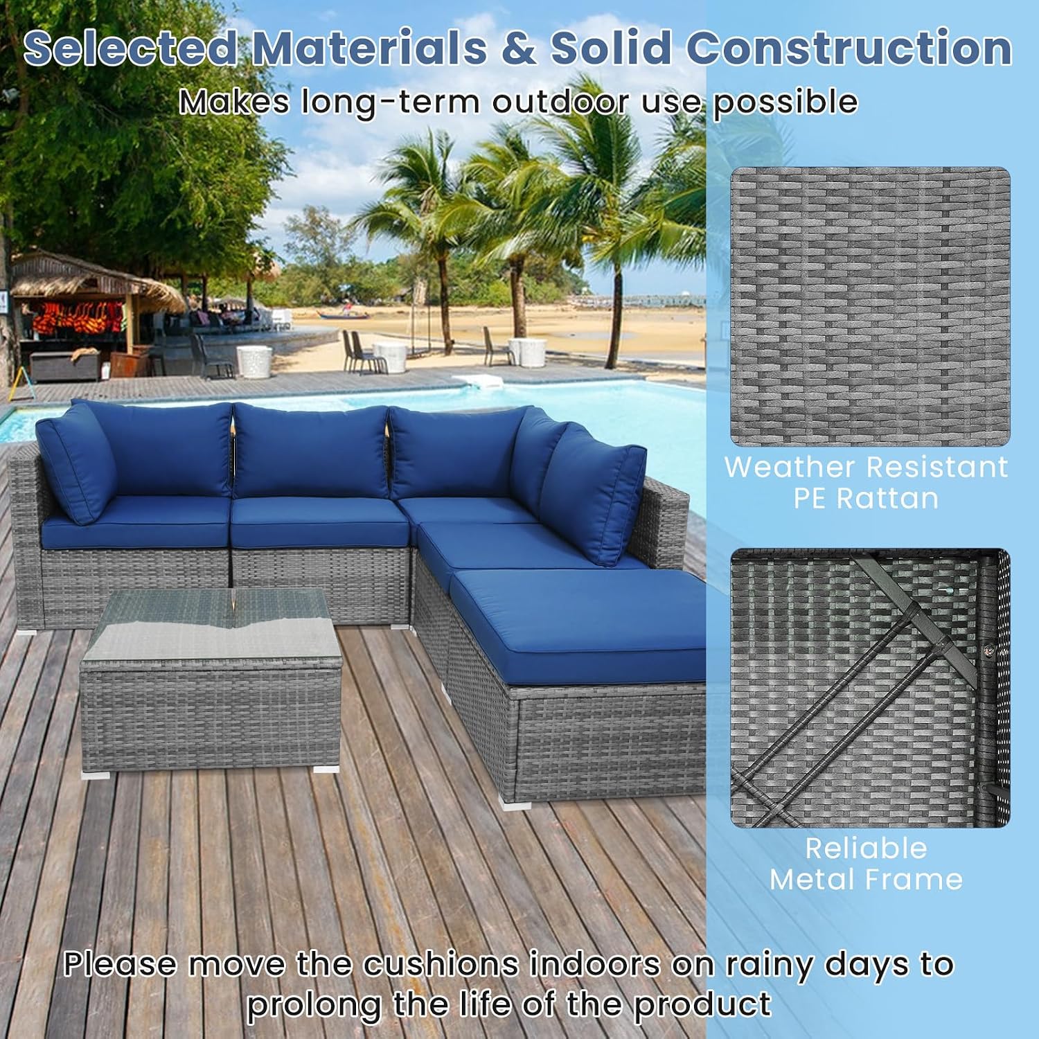 Tangkula 6 Pieces Sectional Patio Furniture Set, Weather Resistant Heavy Duty Outdoor Modular Sofa Set with Soft Padded Cushions, Tempered Glass Coffee Table, for Deck, Garden, Lawn, Poolside (Navy)