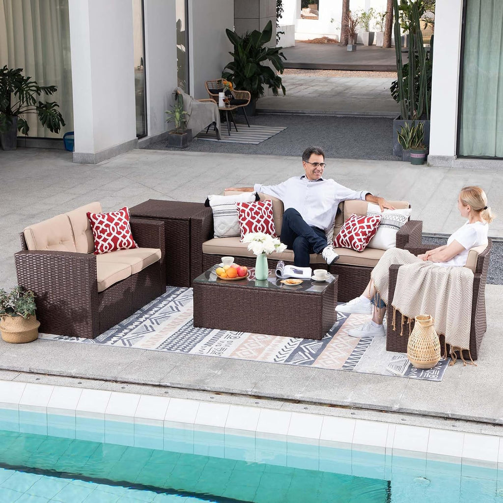 JOIVI 8 Pieces Outdoor Patio Furniture Set with 88 Gallon Storage Box, Rattan Wicker Patio Conversation Set with Coffee Tea Table, Outdoor Sectional Furniture Sofa Set with Cushions, Brown